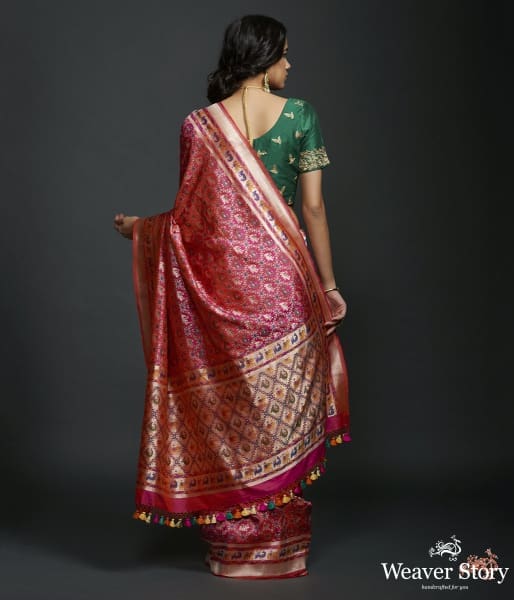 Handwoven Banarasi Patola Saree in pink with intricate meenakari work