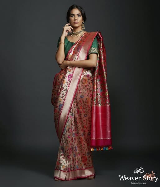 Handwoven Banarasi kimkhab saree with intricate meenakari