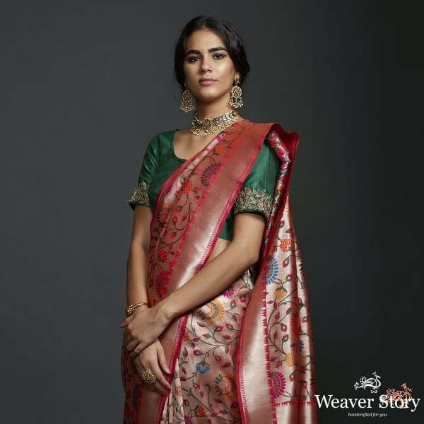 Handwoven Banarasi kimkhab saree with intricate meenakari