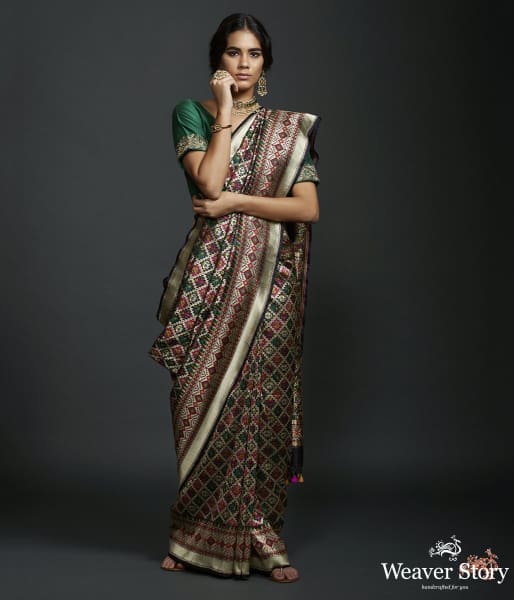 Handwoven Banarasi Patola Saree in Black with intricate meenakari work