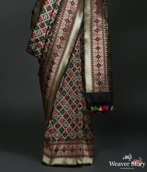 Handwoven Banarasi Patola Saree in Black with intricate meenakari work