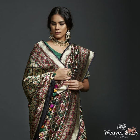 Handwoven Banarasi Patola Saree in Black with intricate meenakari work