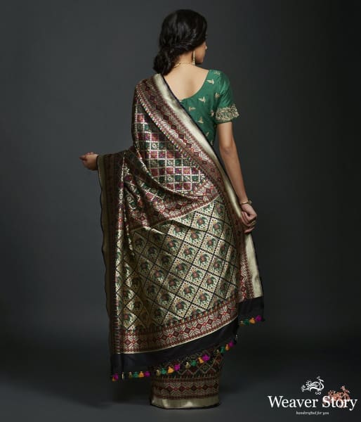 Handwoven Banarasi Patola Saree in Black with intricate meenakari work