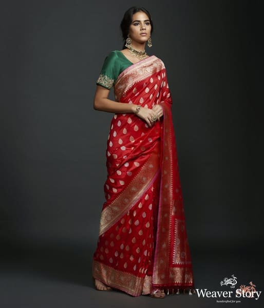 Red kadhwa booti saree with gold and silver zari