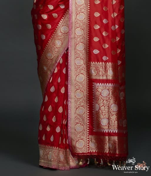 Red kadhwa booti saree with gold and silver zari