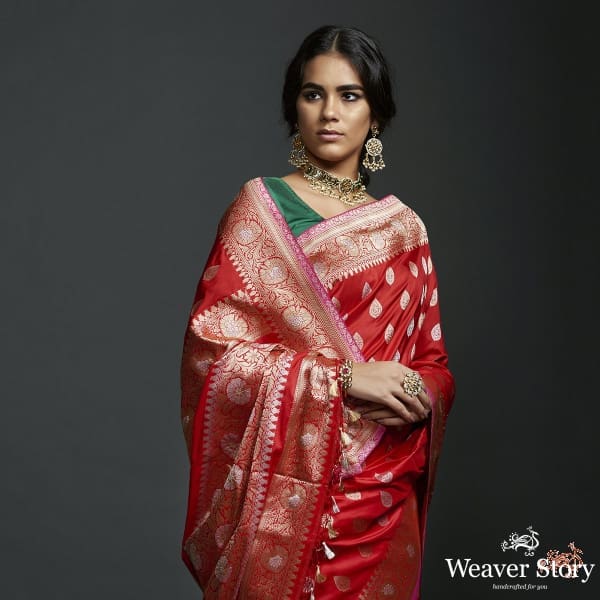 Red kadhwa booti saree with gold and silver zari