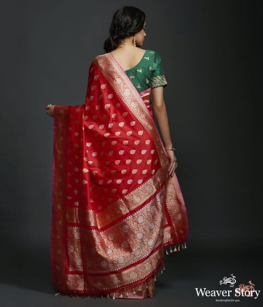 Red kadhwa booti saree with gold and silver zari