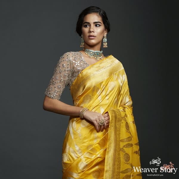 Yellow kadhwa jangla with intricate floral jaal