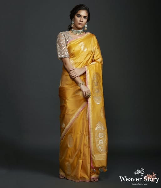 Mustard kadhwa banarasi saree with kairi boota