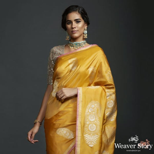 Mustard kadhwa banarasi saree with kairi boota
