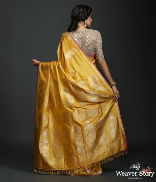 Mustard kadhwa banarasi saree with kairi boota