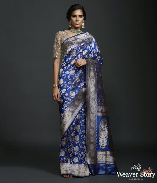 Royal Blue sona rupa kadhwa jangla with intricate floral jaal and kairi on pallu