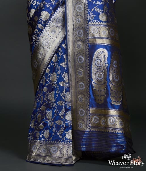 Royal Blue sona rupa kadhwa jangla with intricate floral jaal and kairi on pallu