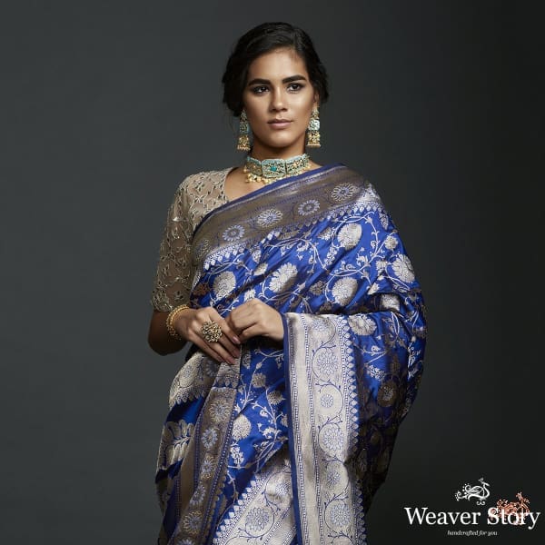Royal Blue sona rupa kadhwa jangla with intricate floral jaal and kairi on pallu