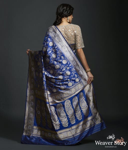 Royal Blue sona rupa kadhwa jangla with intricate floral jaal and kairi on pallu