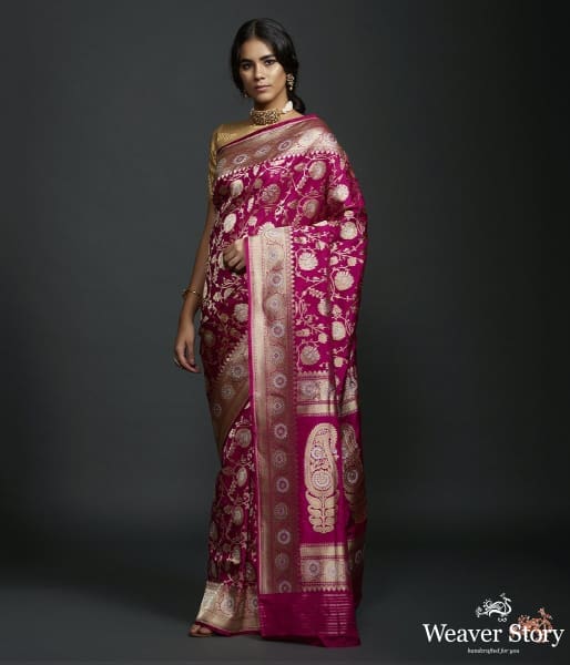 Dark Pink Dual tone sona rupa kadhwa jangla with intricate floral jaal