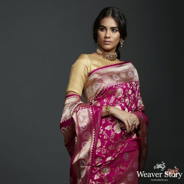 Dark Pink Dual tone sona rupa kadhwa jangla with intricate floral jaal