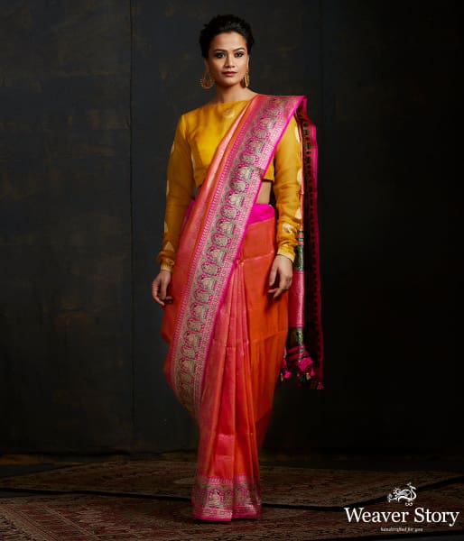 Orange and pink kimkhab shikargah with meenakari mughal border