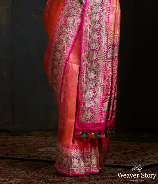 Orange and pink kimkhab shikargah with meenakari mughal border