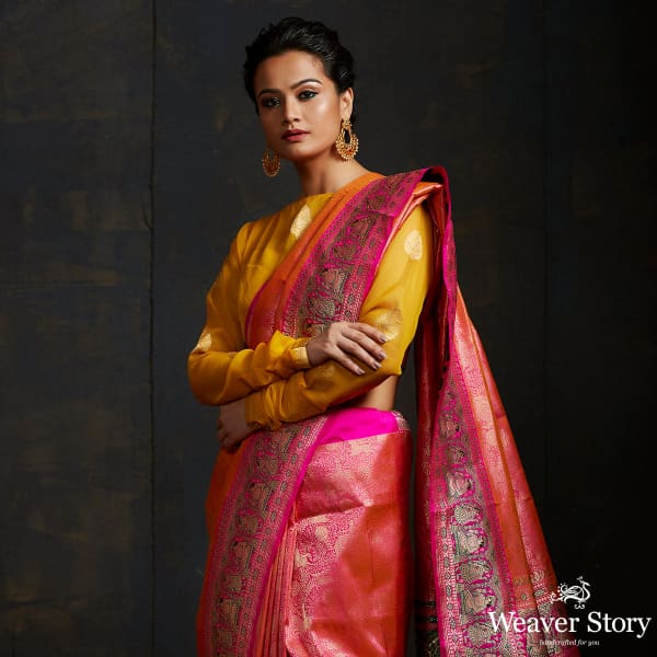 Orange and pink kimkhab shikargah with meenakari mughal border
