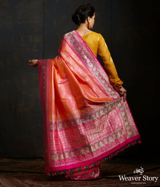 Orange and pink kimkhab shikargah with meenakari mughal border