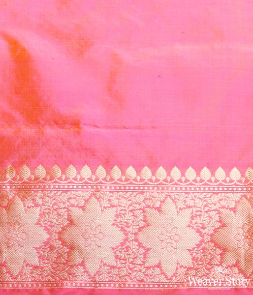 Handwoven Banarasi saree in Pink and peach dual tone with broad floral border