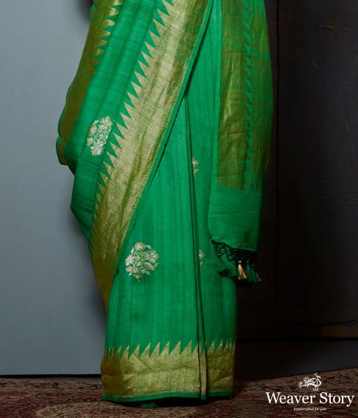 Green tusser silk and georgette saree with sona rupa zari boota