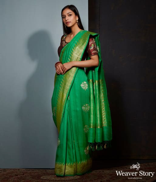 Green tusser silk and georgette saree with sona rupa zari boota