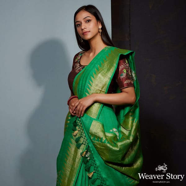 Green tusser silk and georgette saree with sona rupa zari boota