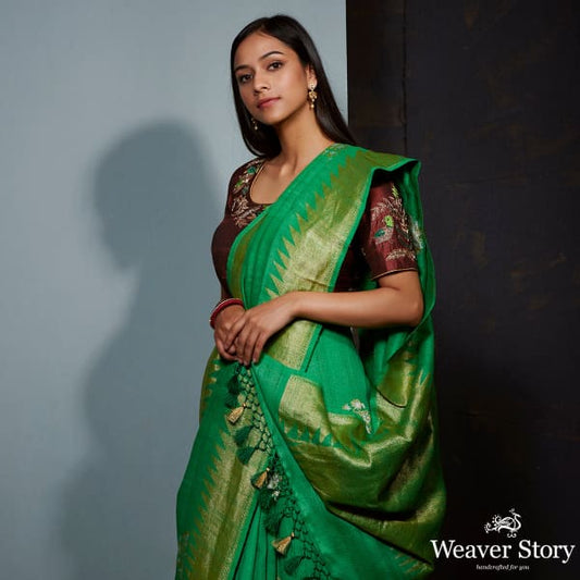 Green tusser silk and georgette saree with sona rupa zari boota