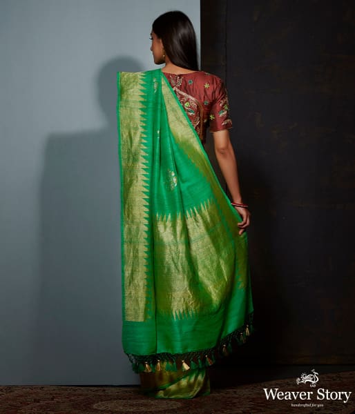 Green tusser silk and georgette saree with sona rupa zari boota
