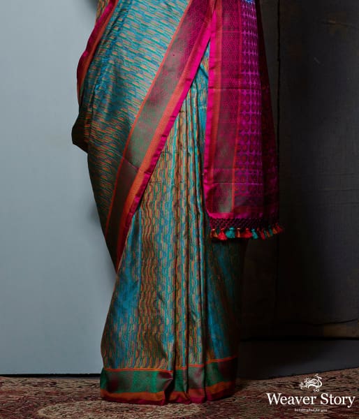 Turquoise blue and wine Jamawar saree