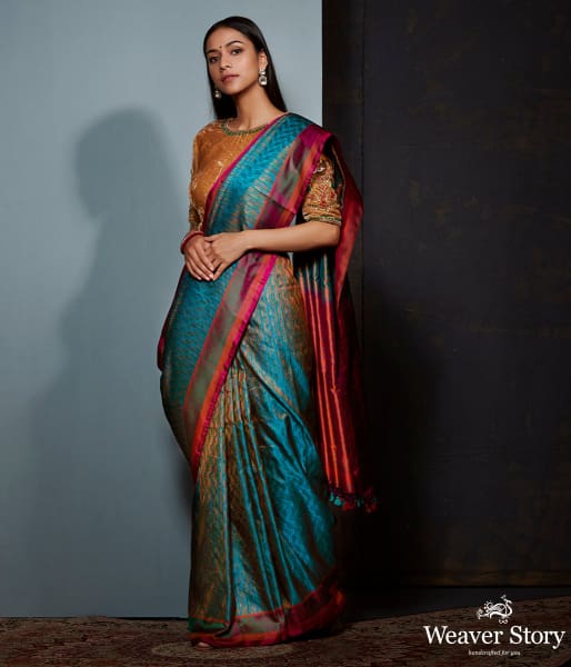 Turquoise blue and wine Jamawar saree