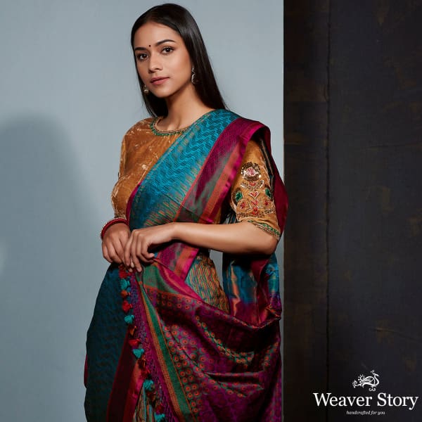 Turquoise blue and wine Jamawar saree