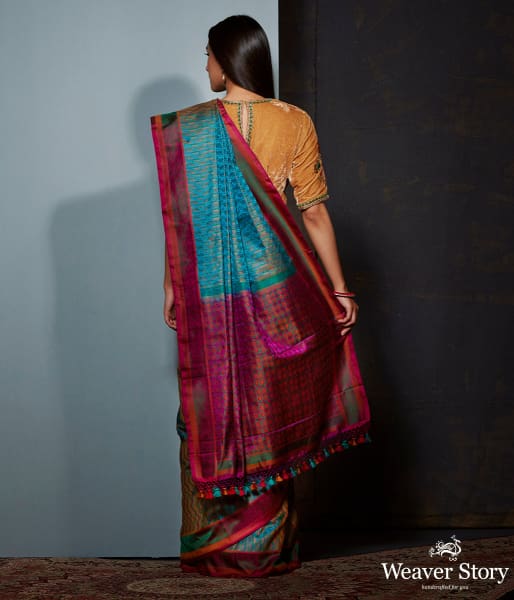 Turquoise blue and wine Jamawar saree