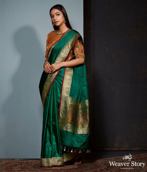 Green and gold pure valkalam saree with meenakari border and paisley pallu