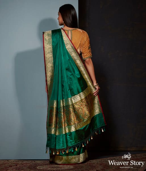 Green and gold pure valkalam saree with meenakari border and paisley pallu