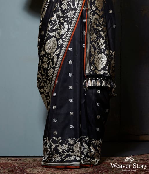 Handwoven Banarasi saree with beautiful roses woven in the parsi gara style