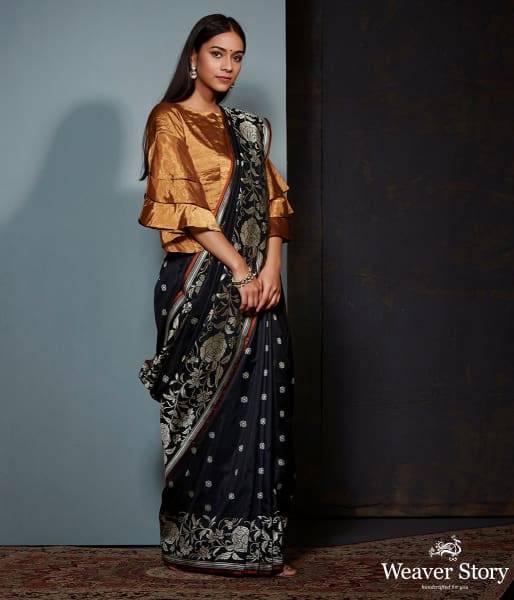 Handwoven Banarasi saree with beautiful roses woven in the parsi gara style