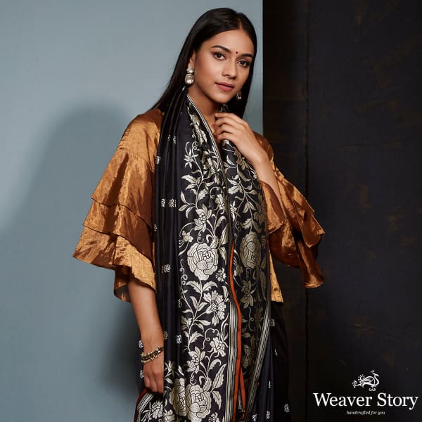 Handwoven Banarasi saree with beautiful roses woven in the parsi gara style