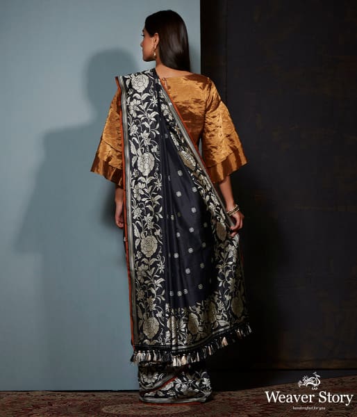Handwoven Banarasi saree with beautiful roses woven in the parsi gara style