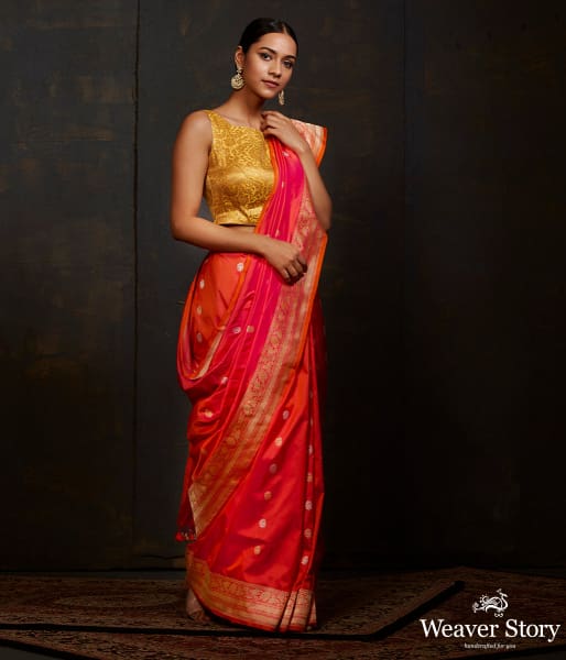 Pink and Orange dual tone kadhwa banarasi saree with brocade blouse