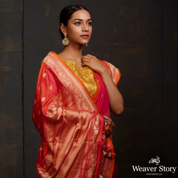Pink and Orange dual tone kadhwa banarasi saree with brocade blouse