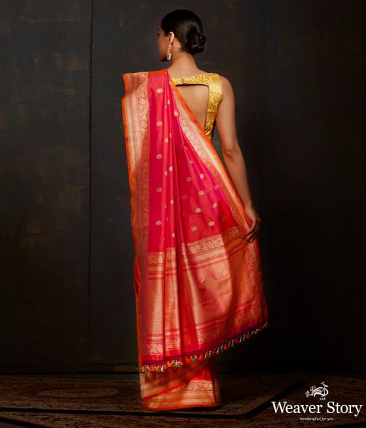Pink and Orange dual tone kadhwa banarasi saree with brocade blouse