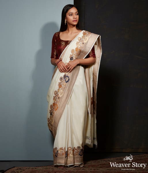 Offwhite munga silk saree with floral meenakari border