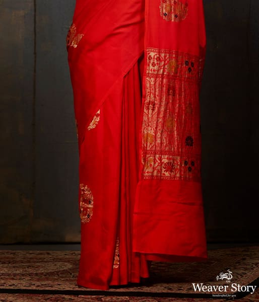 Red katan silk saree with meenakari
