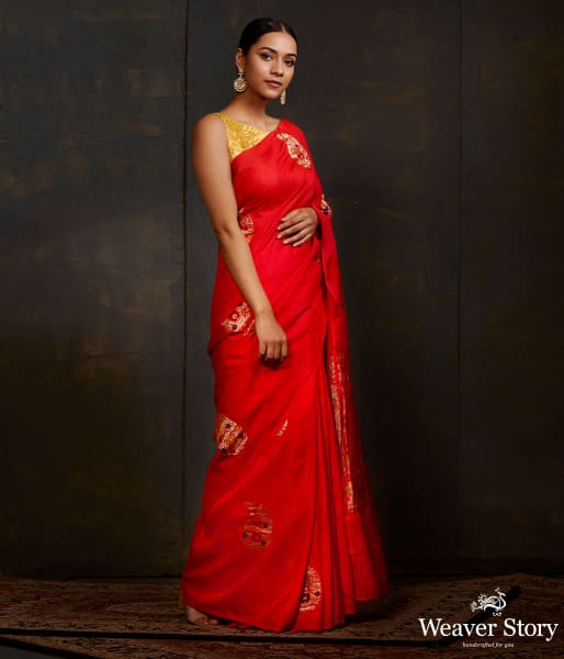 Red katan silk saree with meenakari