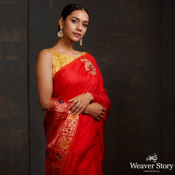 Red katan silk saree with meenakari