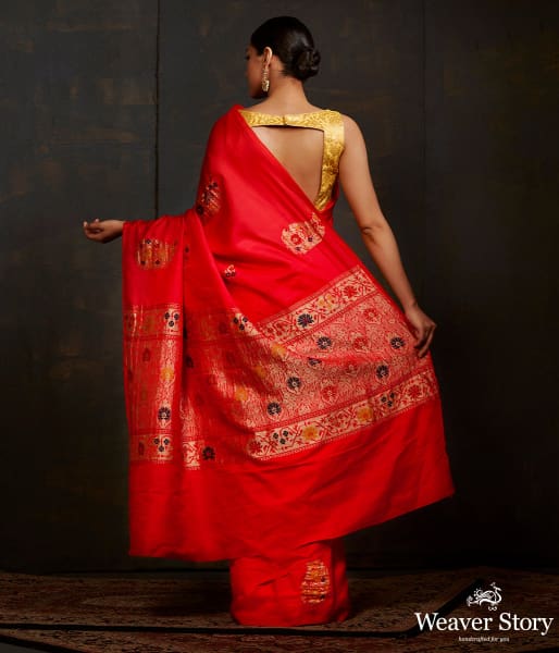 Red katan silk saree with meenakari