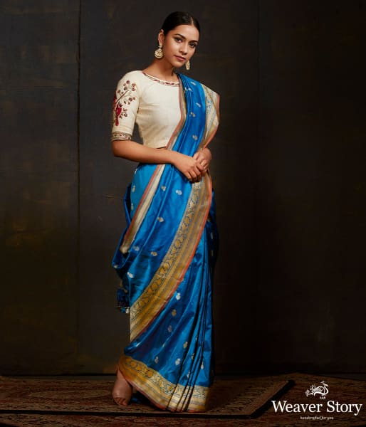 Turquoise blue dual tone kadhwa banarasi saree with brocade blouse